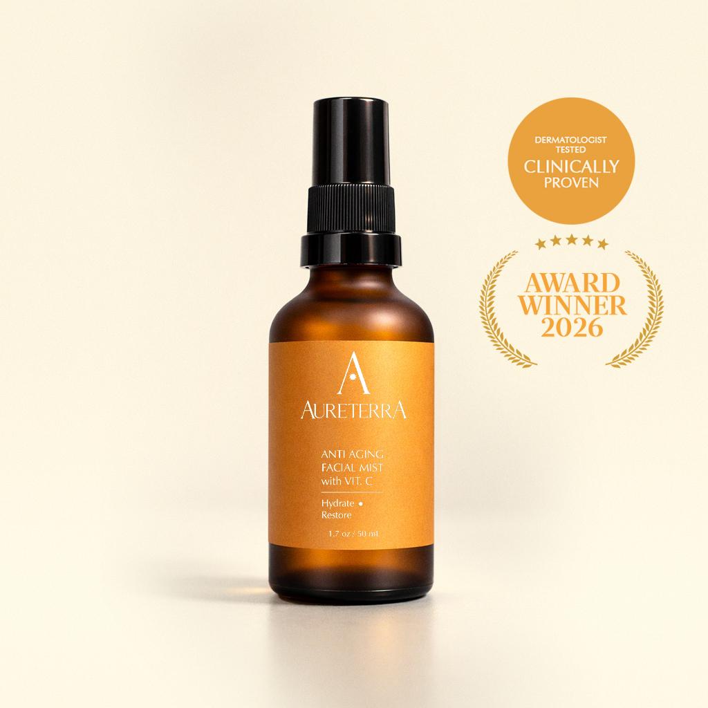 Aureterra retail box golden with anti aging facial mist with vitamin c award winning rose hydrosol rose water toner