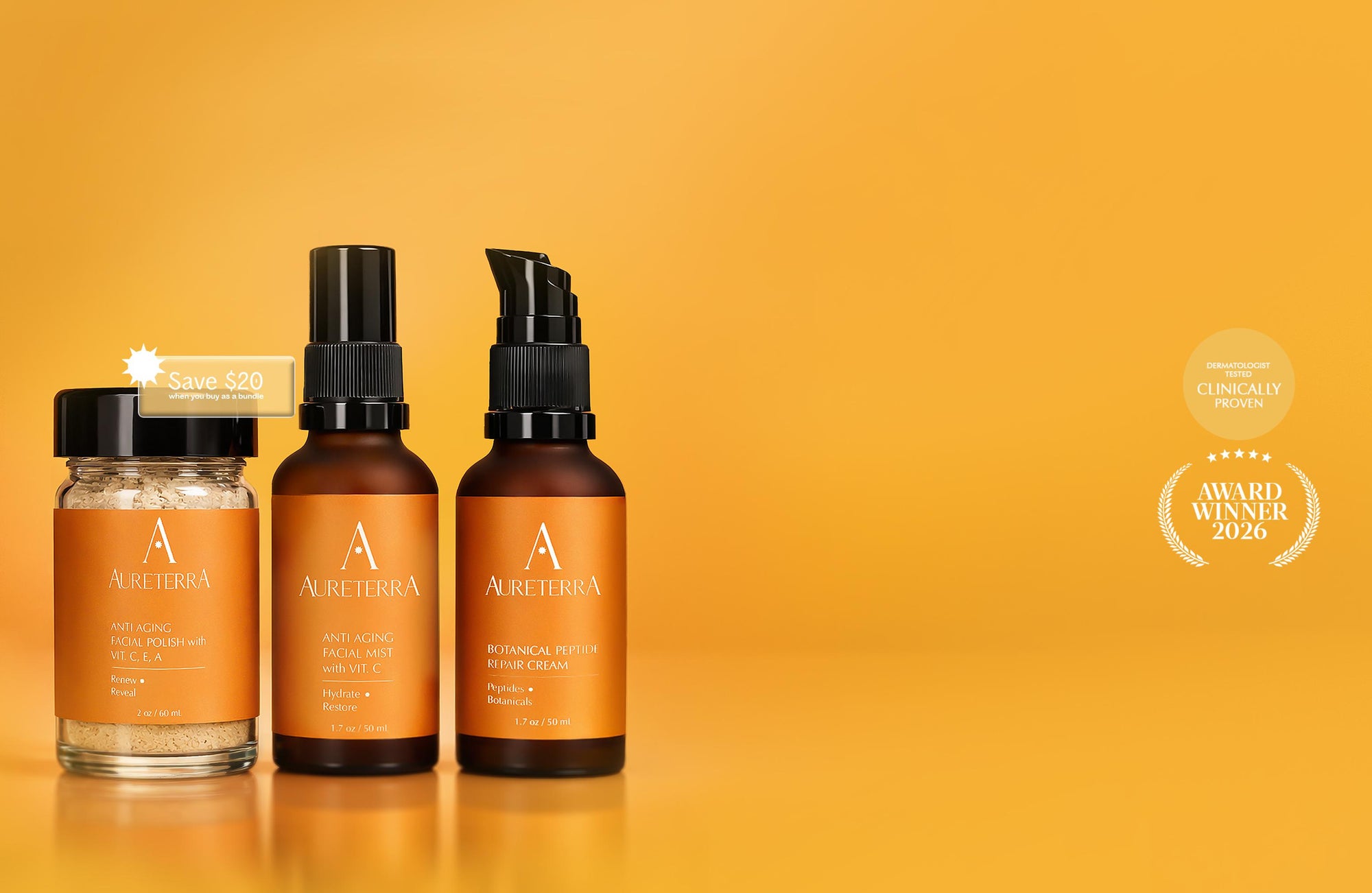 Aureterra Glow Starter Kit Hero Image with Glow Starter Kit Award Winner Dermatologist tested Clinically Proven Skincare