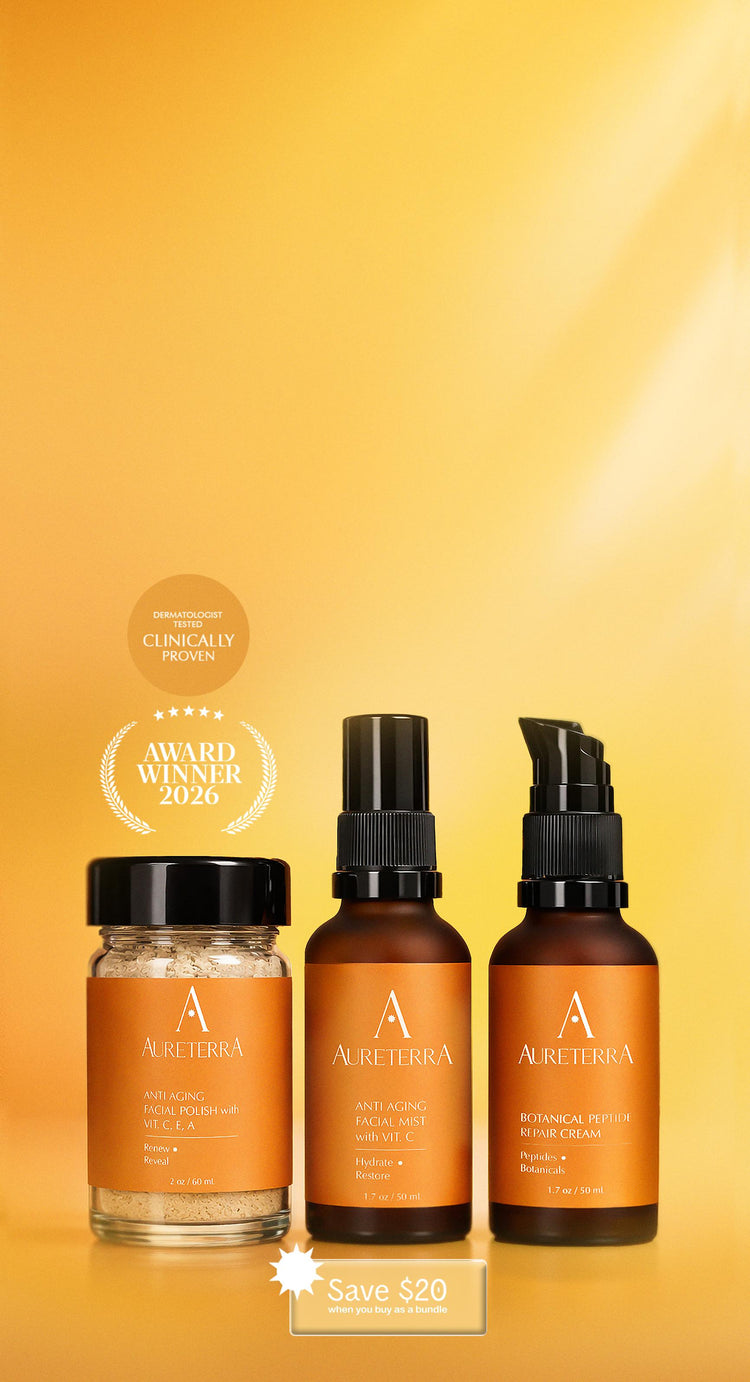 Aureterra Glow Starter Kit Hero Image with Glow Starter Kit Award Winner Dermatologist tested Clinically Proven Skincare