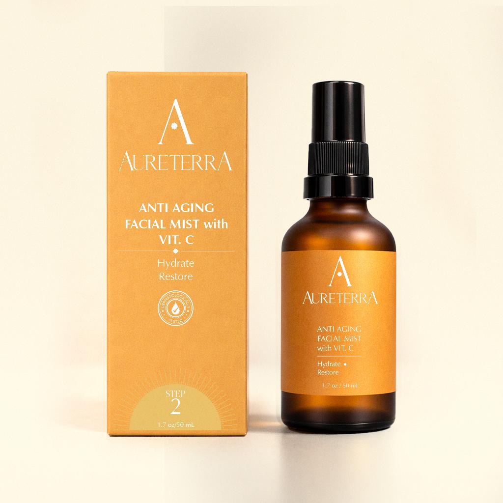 Aureterra retail box golden with anti aging facial mist with vitamin c award winning rose hydrosol rose water toner with golden retail box