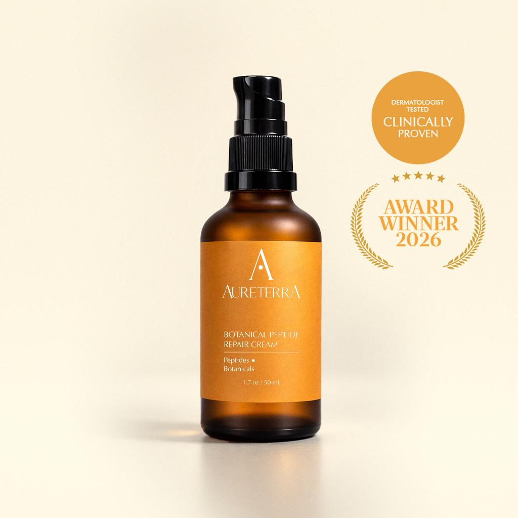 Aureterra botanical peptide repair cream reduce wrinkles improve fine lines improve elasticity anti aging award winning
