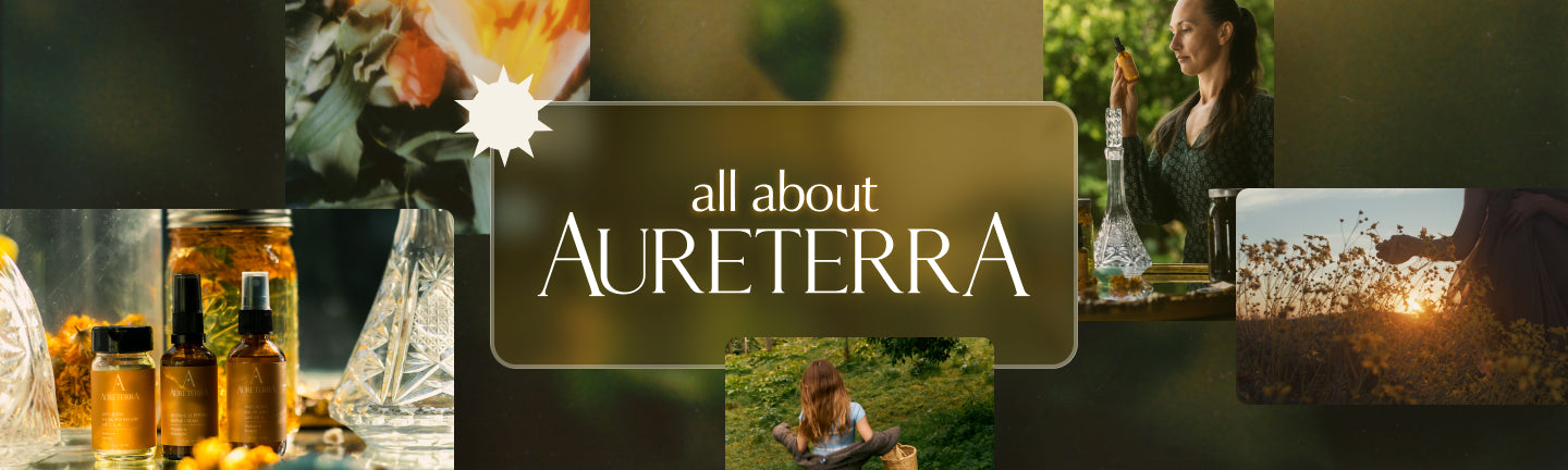 Collage expressing Aureterra’s brand story through solar-infused skincare, botanical harvesting, sunlight rituals, and nature-inspired imagery.