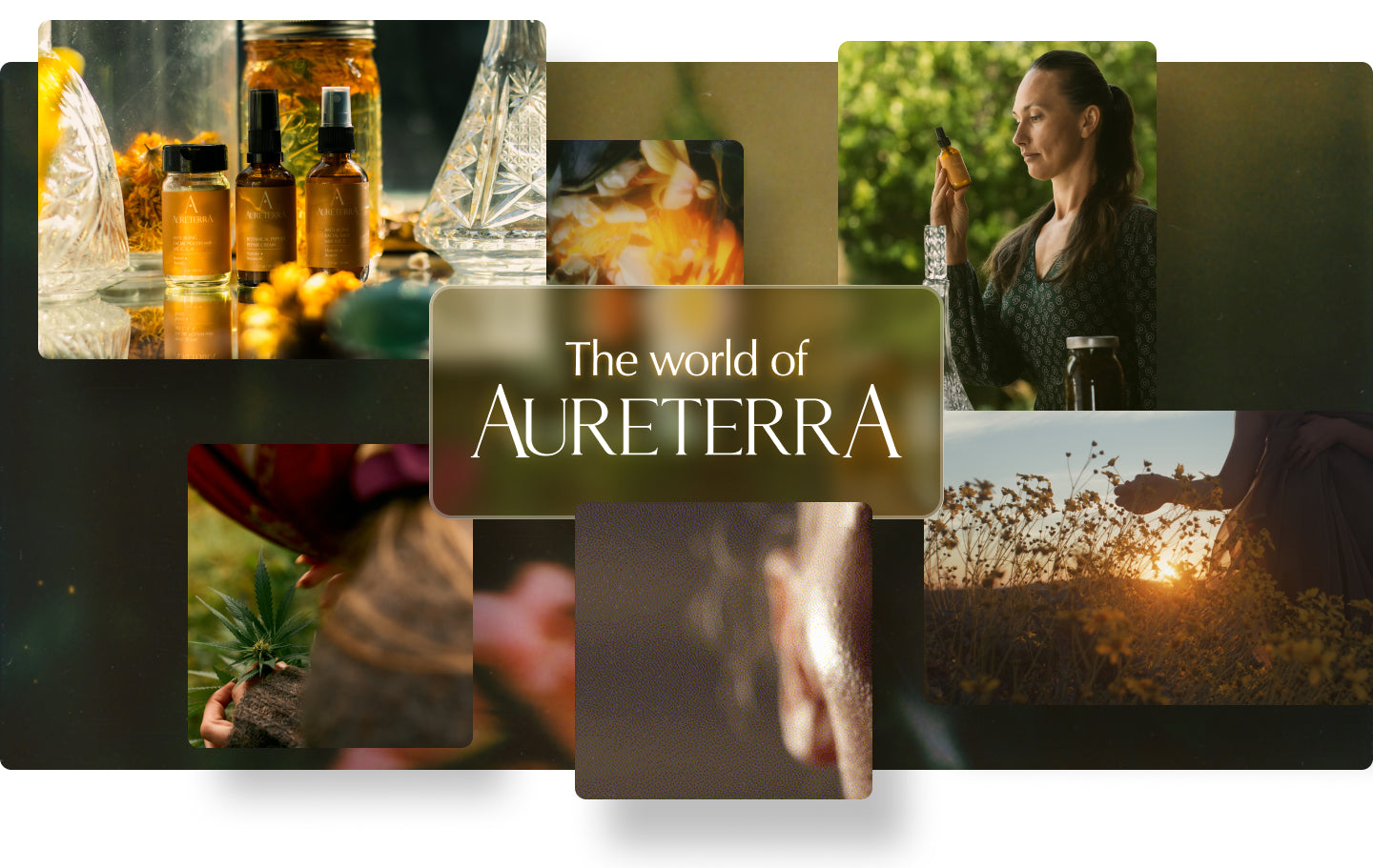 Visual collage representing Aureterra’s identity: solar-infused skincare bottles, botanicals, sunlight-soaked infusions, herbal rituals, and natural landscapes.