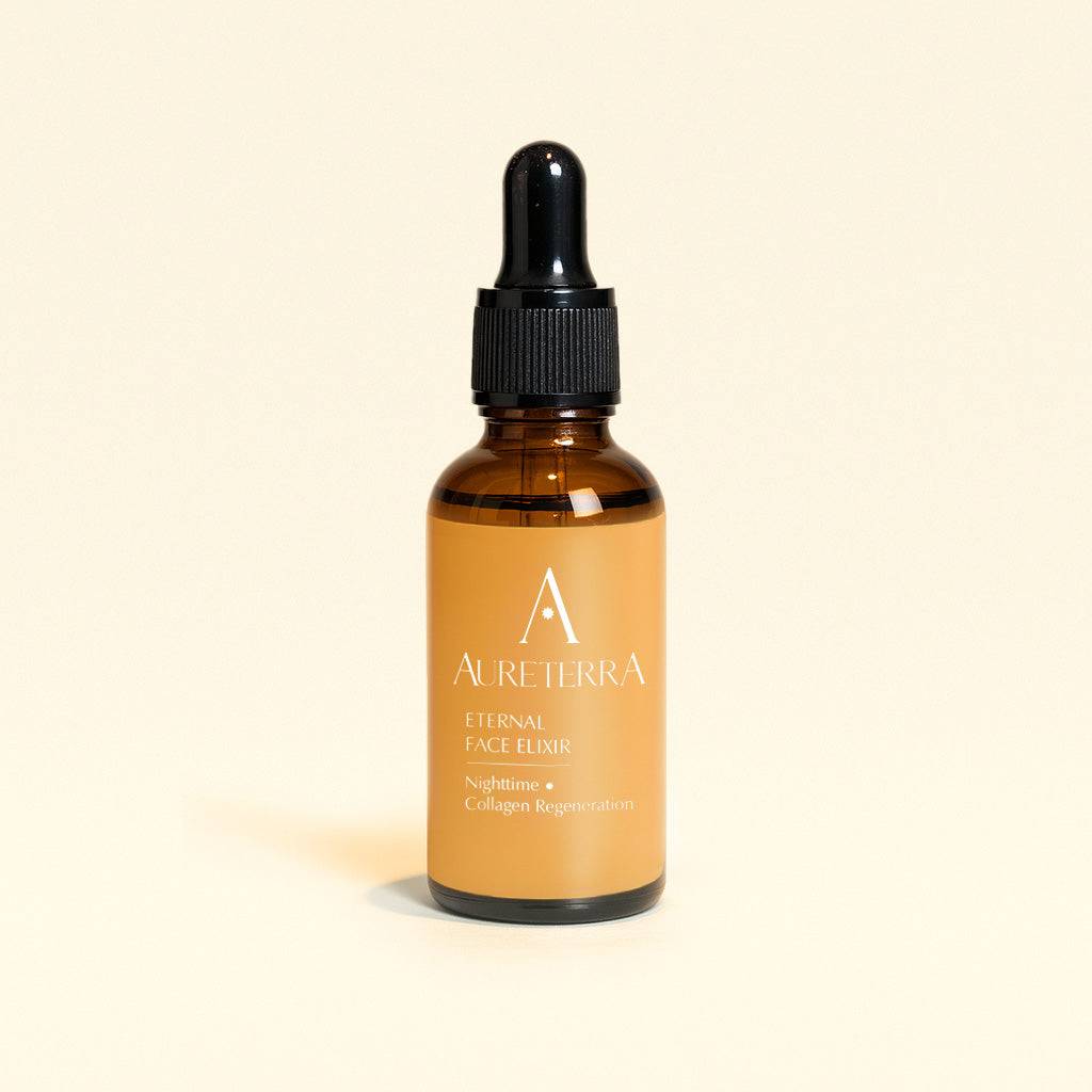 Brown bottle with black cap labeled 'Aureterra Eternal Face Elixir' on a beige background