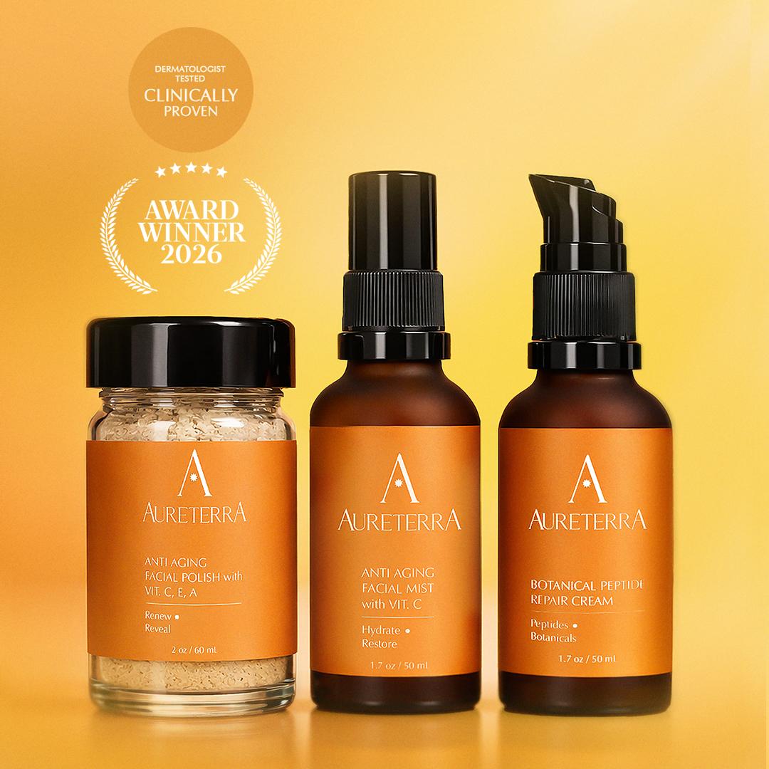 Award winning trio of polish, anti aging facial mist, and botanical peptide repair cream
